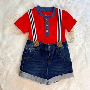 Cat & Jack 2 Piece Set Shorts with Overalls and Red Onesie w/ Blue Collar - NWT